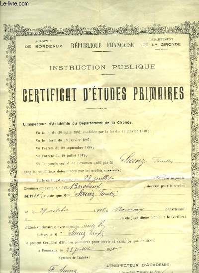 Instruction Publique. Certificat d'Etudes Primaires dlivr  M. Faustin S. le 28 juillet 1920