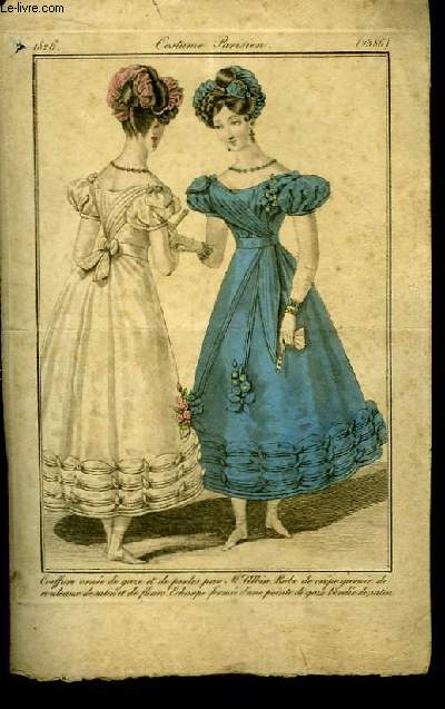 Une gravure XIXe en couleurs, de Costume Parisien. Coiffure orne de gaze et de perles par Mr. Albin. Robe de crpe garnie de rouleaux de satin et de fleurs. Echarpe forme d'une pointe de gaze brode de satin.