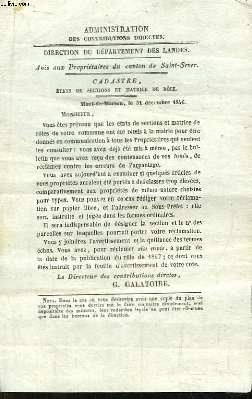 Avis aux Propritaires du Canton de Saint-Sever - Cadastre, Etats de Sections et Matrice de Rle.