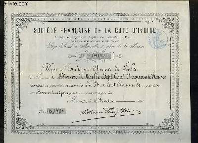 Un Reu de la Socit Franaise de la Cte d'Ivoire, de la somme  de 18750 francs de la part de Madame Anna de Fels.