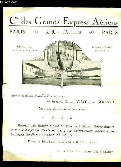 Tract de la Compagnie des Grands Express Ariens. Service quotidien Paris-Londres et retour sur Appareils Express Vimy et sur Goliath.