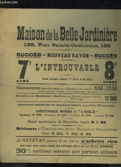 Tract publicitaire de la Maison de la Belle Jardinire, Chaussures haute nouveaut, Brodequins et Bottines ...